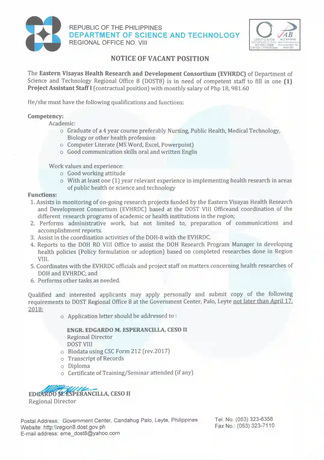 EVHRDC - Notice of Vacant Position Image 1